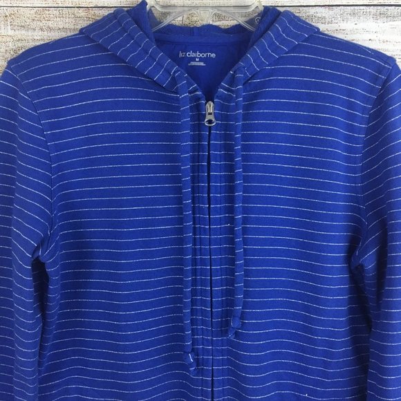 VTG Liz Claiborne Hoodie Blue Silver Metallic Striped Full Zip Women's M - Picture 2 of 13